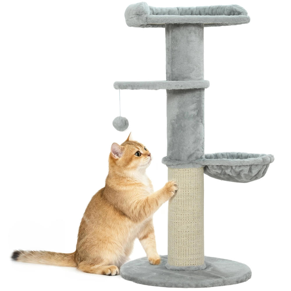 Albero tiragraffi per gatti multilivello in sisal e peluche con cuccia e pallina grigio chiaro robusto per casa