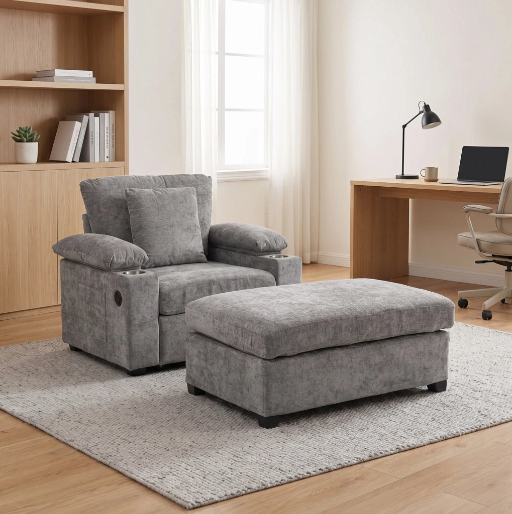 Poltrona trasformabile con pouf in ciniglia grigia e presa USB