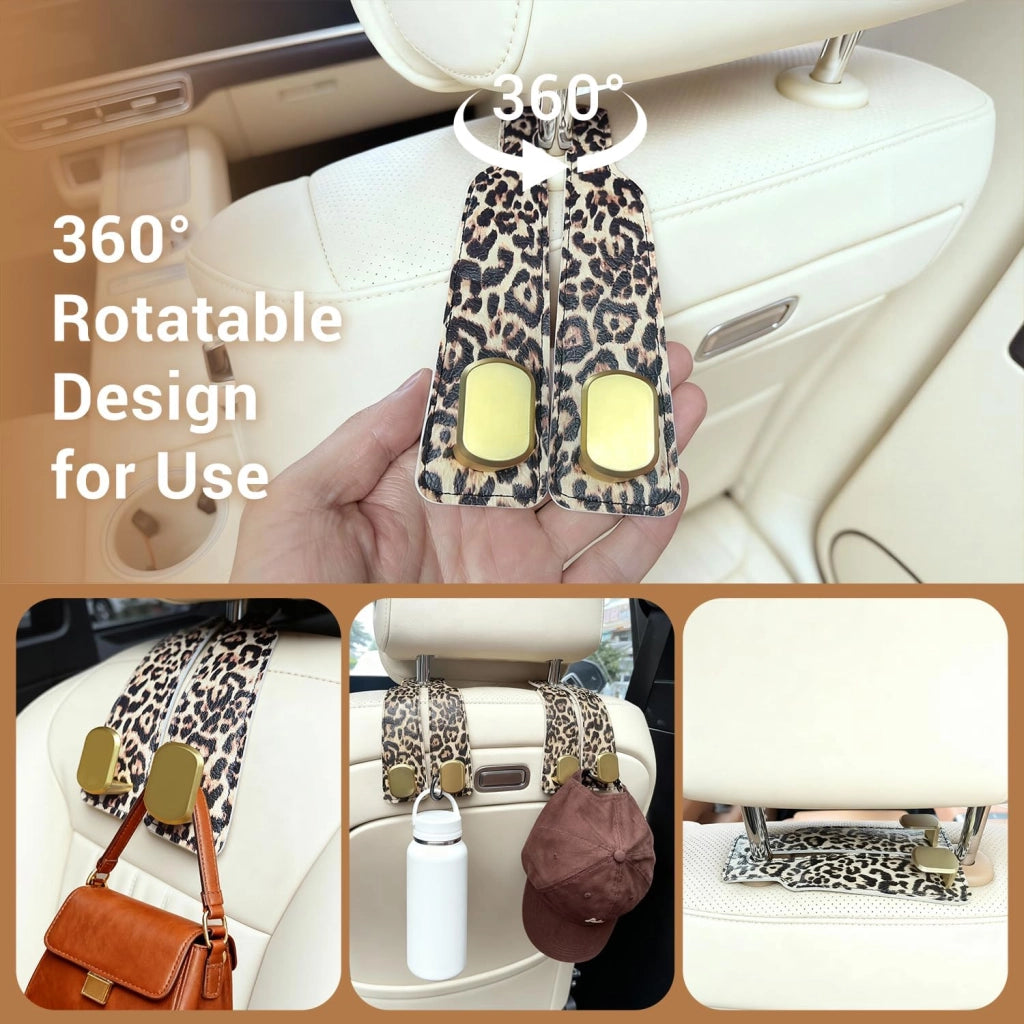 Set di 2 ganci per poggiatesta per auto, motivo leopardo, ecopelle, con doppio gancio