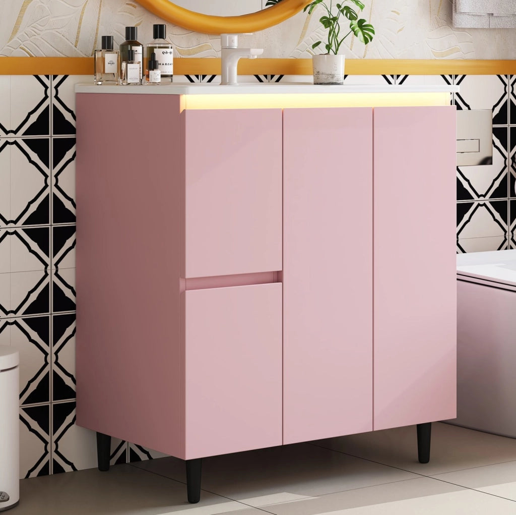 Mobile lavabo da bagno rosa con sensore luminoso, 76 × 47 × 89 cm