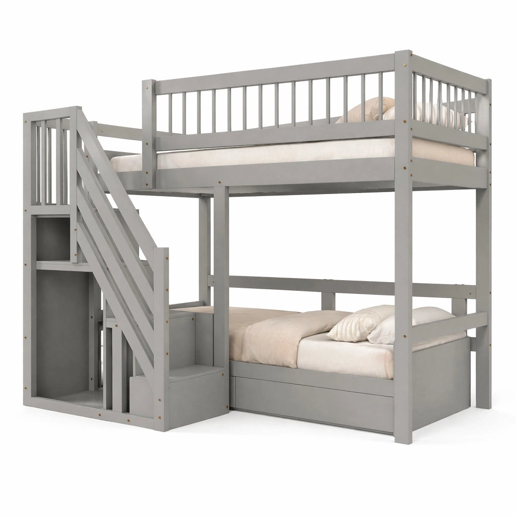 Letti a soppalco per bambini 90x200 cm con scala, armadio e rete a doghe in pino bianco e grigio, senza materasso