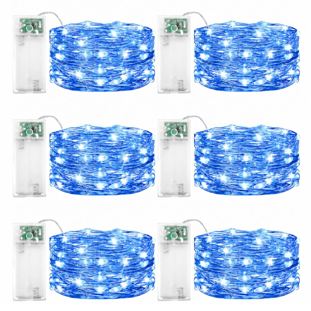 Catena luminosa in filo di rame, 1 metro, 10 LED, colore blu, set da 6, con timer