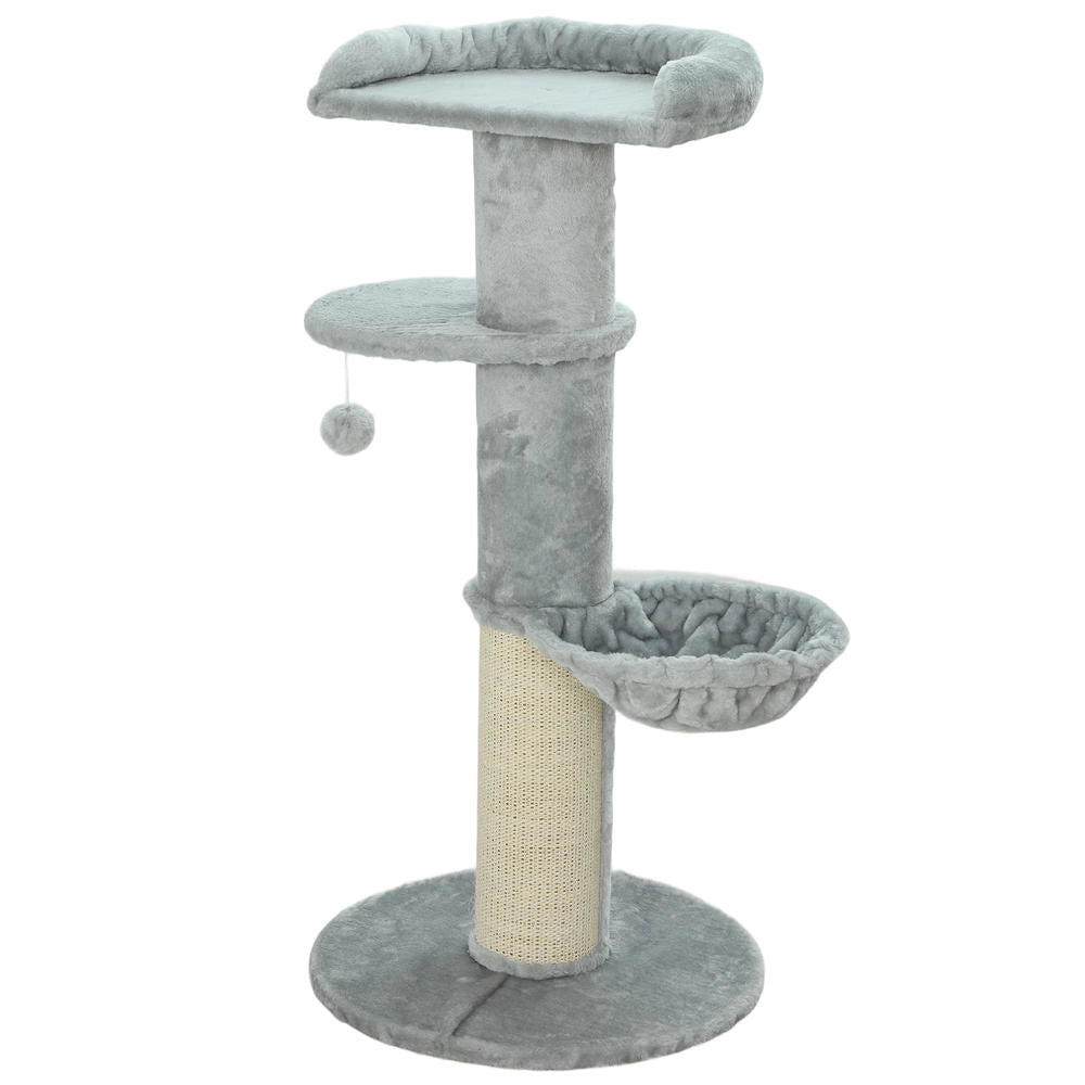 Albero tiragraffi per gatti multilivello in sisal e peluche con cuccia e pallina grigio chiaro robusto per casa