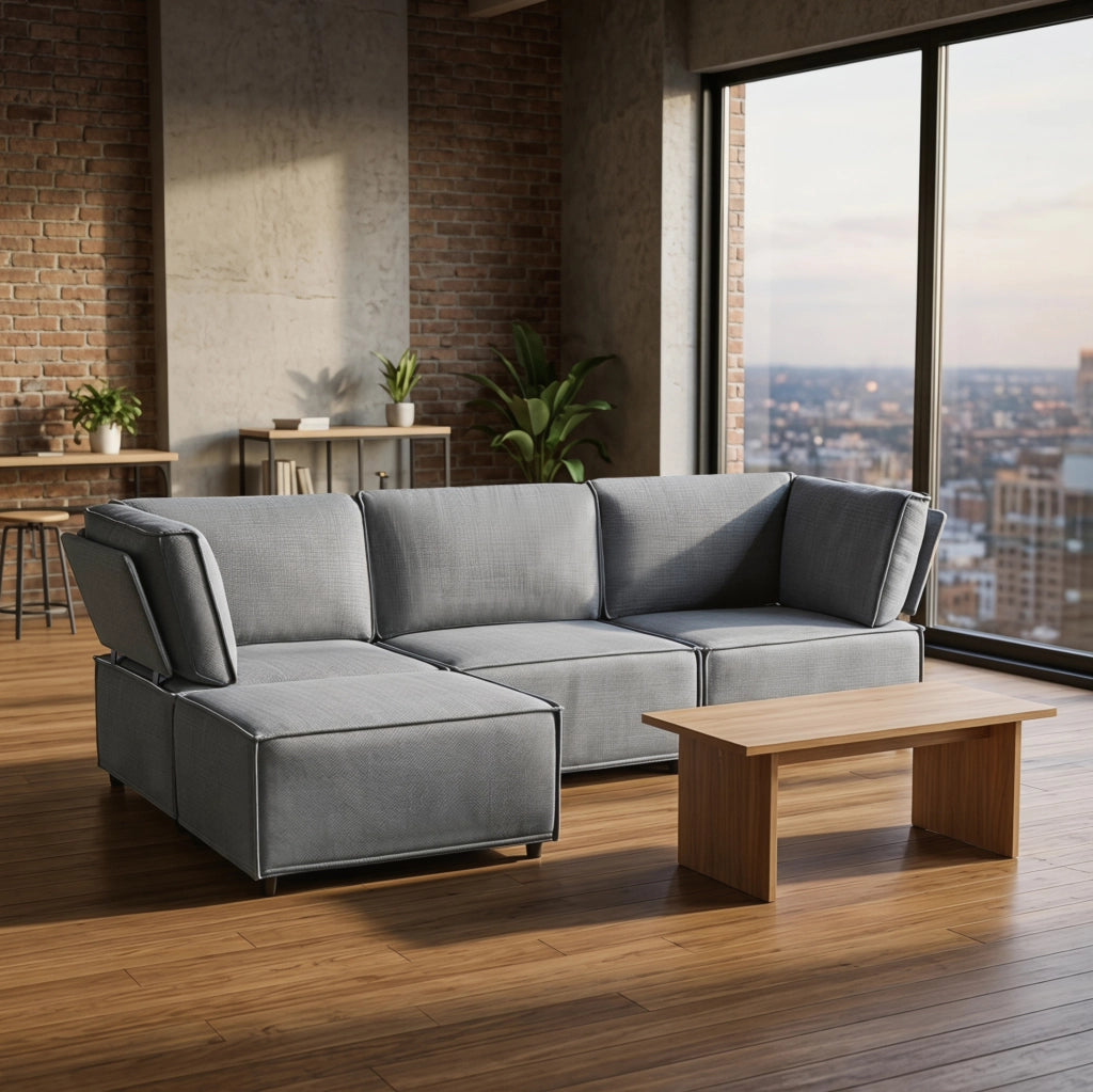 Divano letto modulare componibile con struttura in compensato; schiuma e molle; grigio chiaro