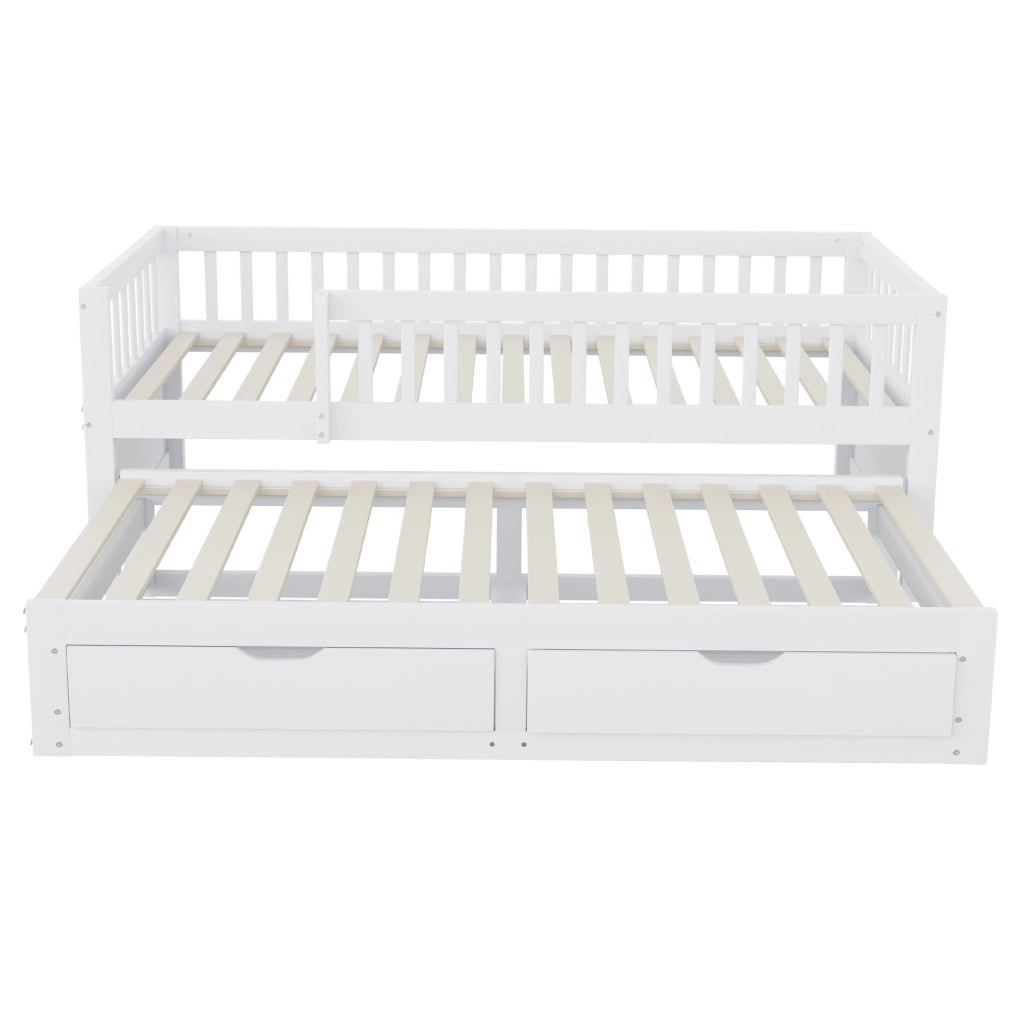 Letto divano 90x200 bianco con estraibile, 2 cassetti e 2 materassi