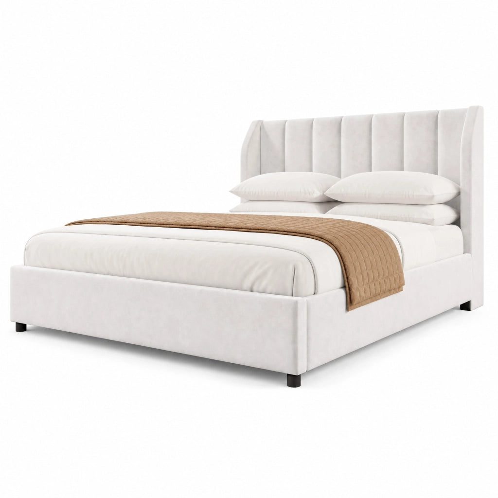 Letto a piattaforma imbottito 140x200 cm in velluto francese beige con rete a doghe