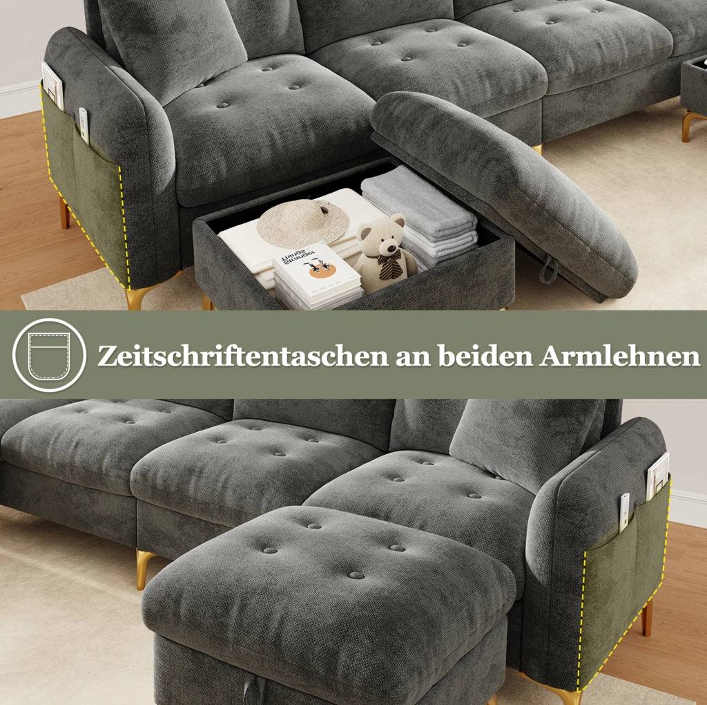 Divano modulare grigio in ciniglia con 2 pouf contenitore