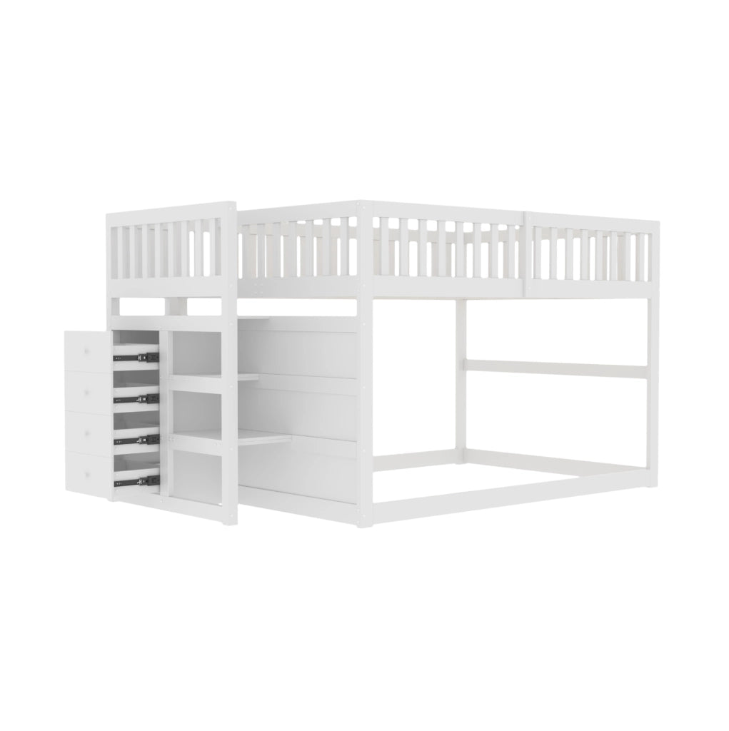 Letto a castello basso 140x200 cm in legno bianco con scaletta sicura e spazio contenitore
