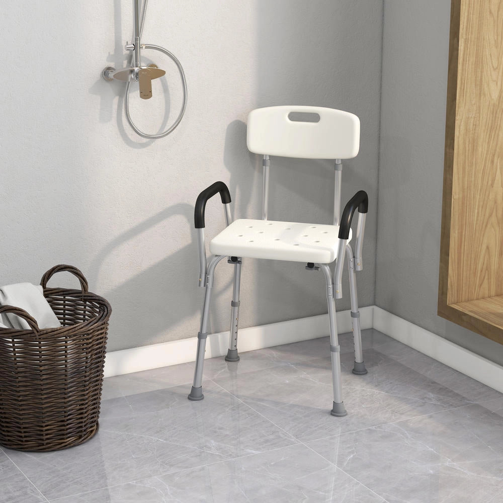 Sedia da Doccia Ergonomica Sedile da Bagno Regolabile con Braccioli e Schienale Rimovibili Piedini Antiscivolo Alluminio e HDPE Bianco Portata 136 kg
