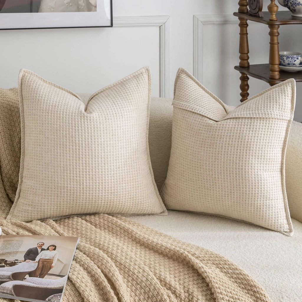 Set di 2 federe per cuscini, misto lino, 40x40 cm, color beige chiaro