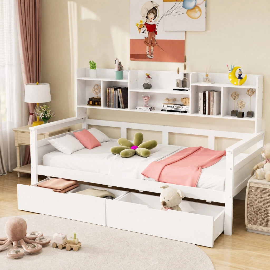 Letto singolo 90x200 cm con cassetti e ripiani laterali in legno; bianco