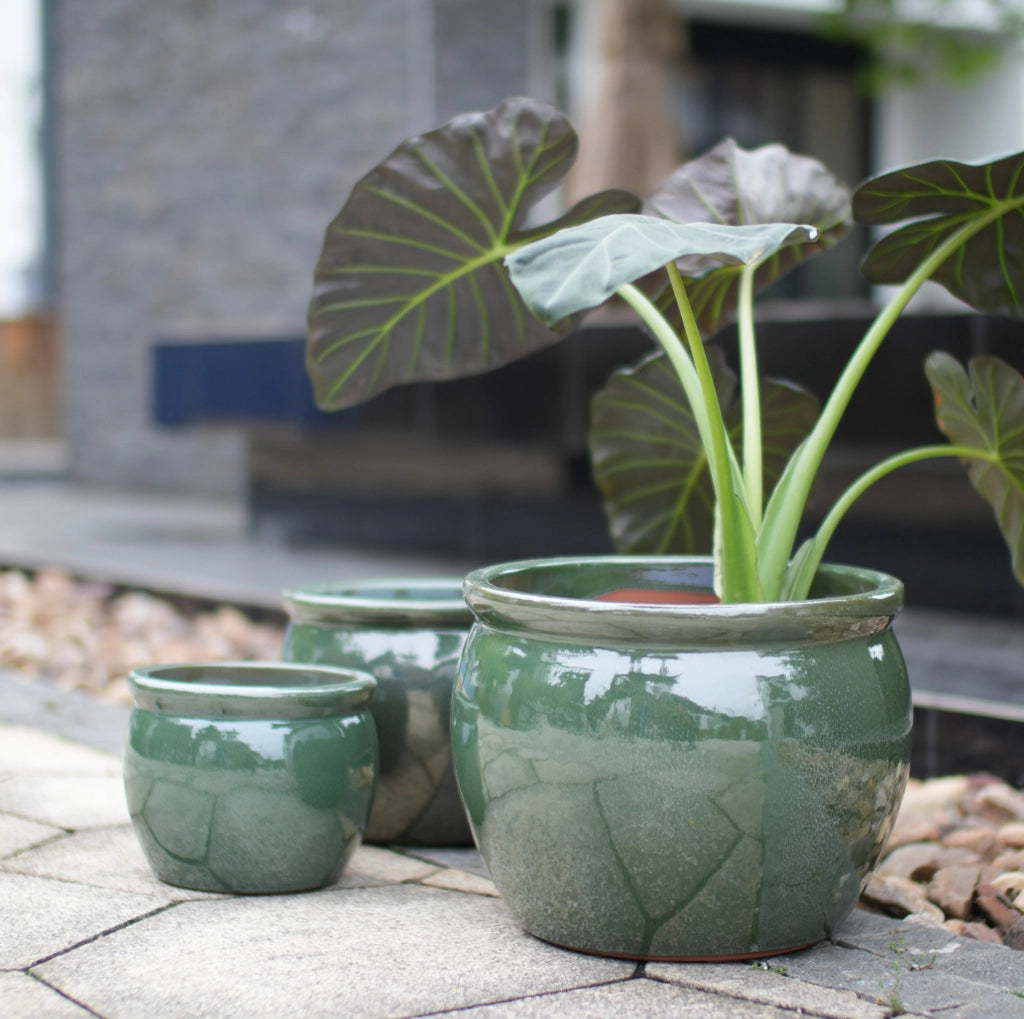 Vaso artigianale in ceramica verde azzurro antico, diametro 23 cm