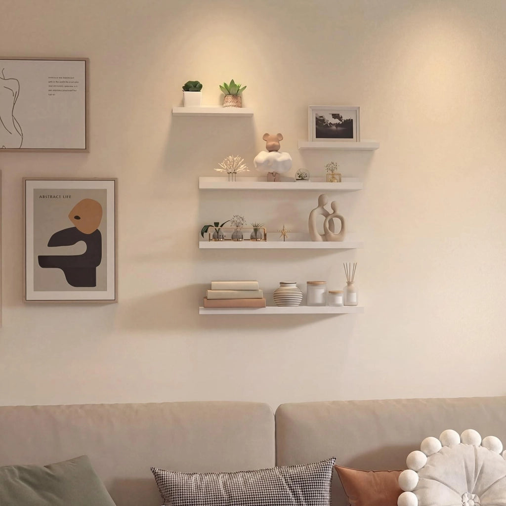 Set di mensole a muro, 60 cm, bianche, sospese, composto da 5 pezzi