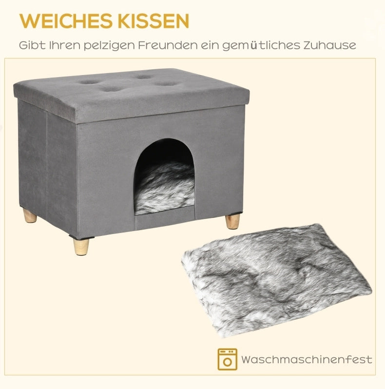 Cuccia per gatto 2 in 1 60 x 45 x 44,5 cm in MDF grigio, pouf sfoderabile imbottito
