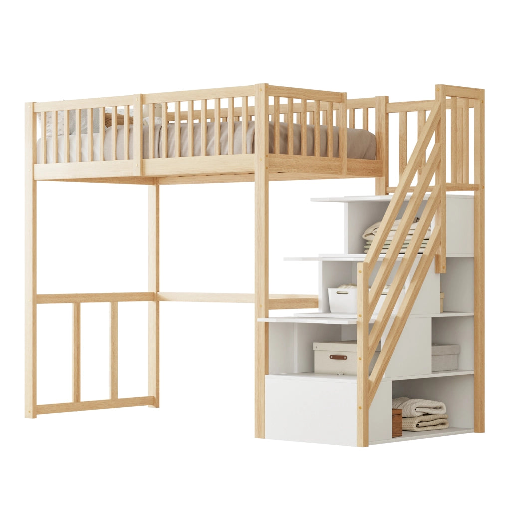 Letto a soppalco 90x200 cm in legno di pino con scala contenitore; parapetti e spazio sottostante