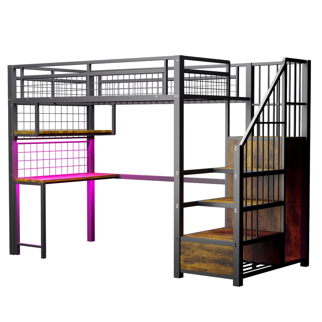 Letto a soppalco 90x200 cm con scrivania, LED e prese in MDF e metallo nero