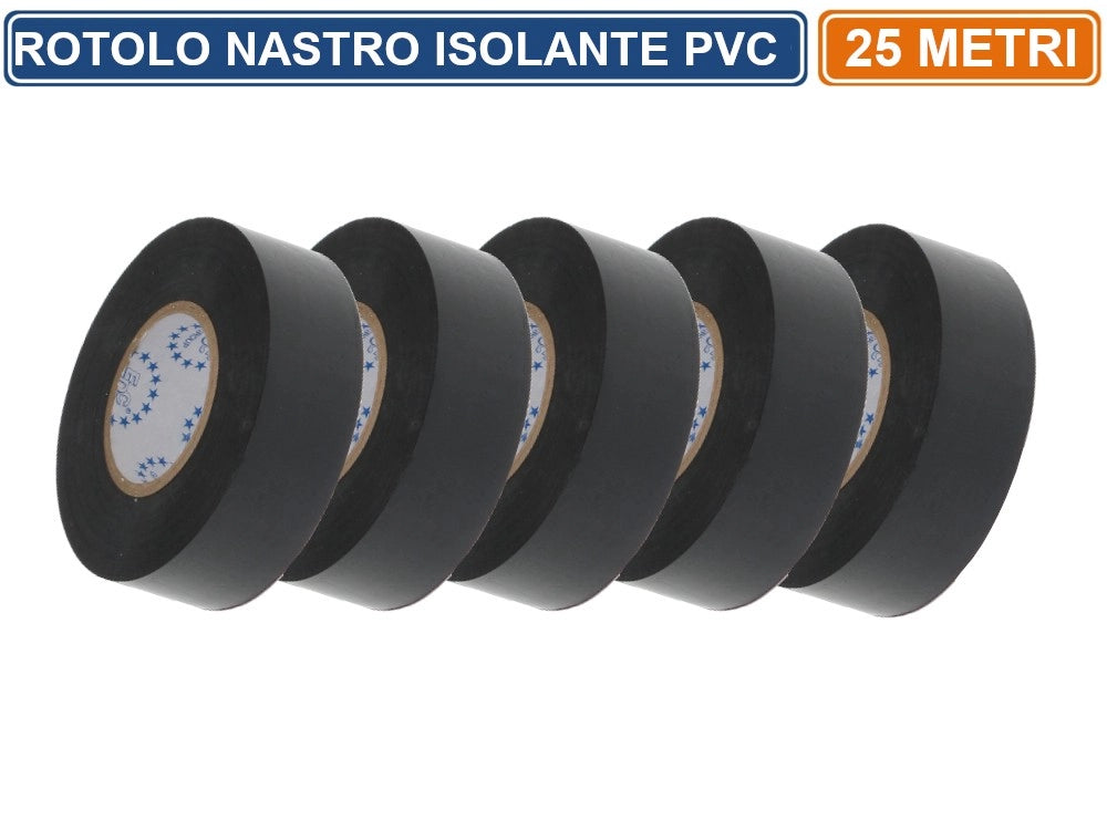 CONFEZIONE 5 PEZZI NASTRO ISOLANTE IN PVC NERO 25 METRI SPESSORE 0.13MM