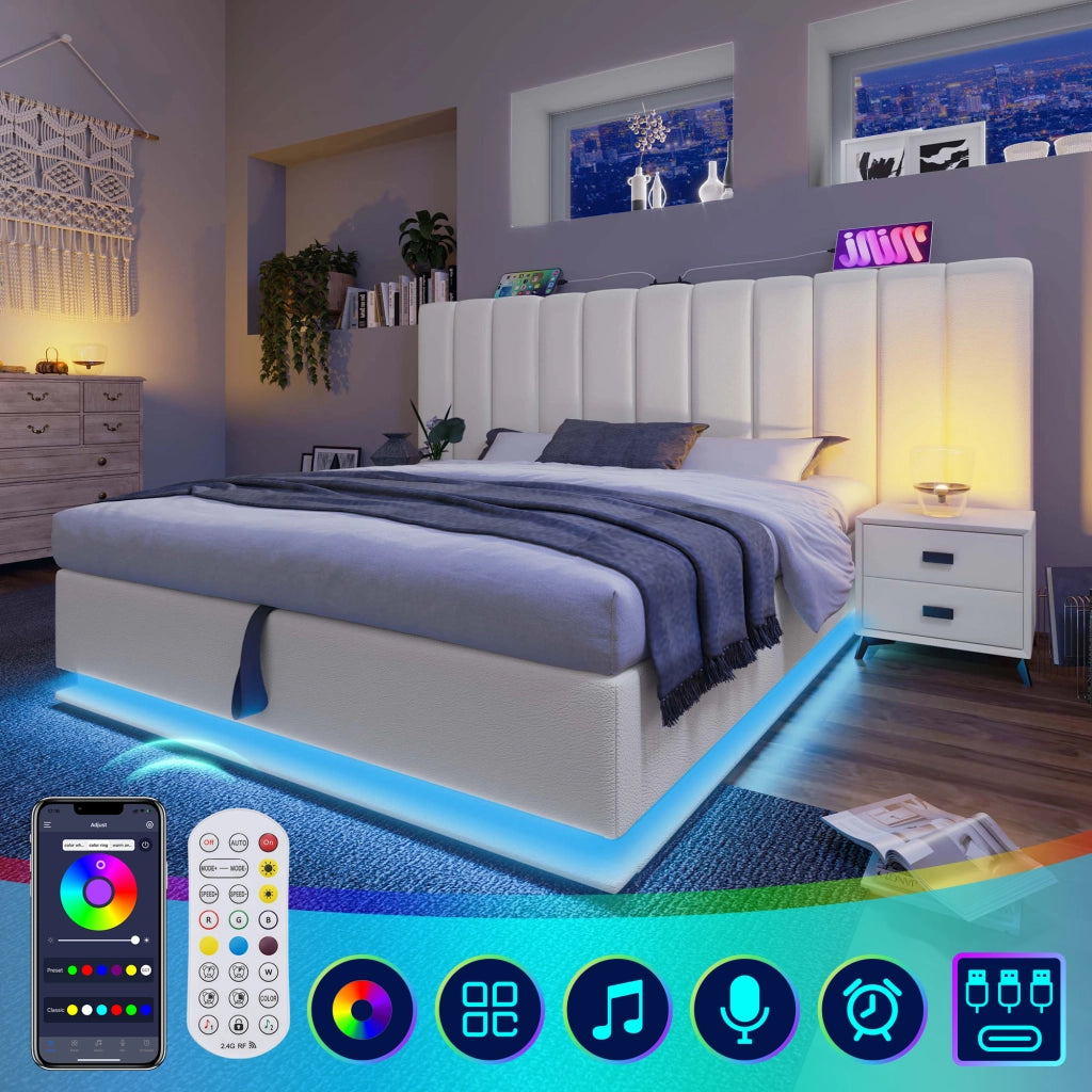Letto matrimoniale contenitore 160 × 200 cm con LED controllabile tramite app e ricarica USB C in PU bianco
