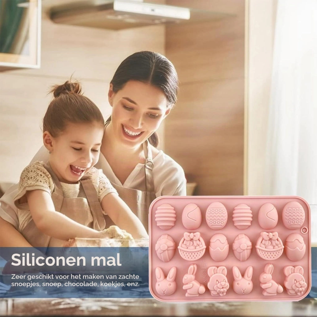 Stampo in silicone per cioccolato, 18 motivi pasquali, colore rosa, dimensioni 20x12,8x1,3 cm