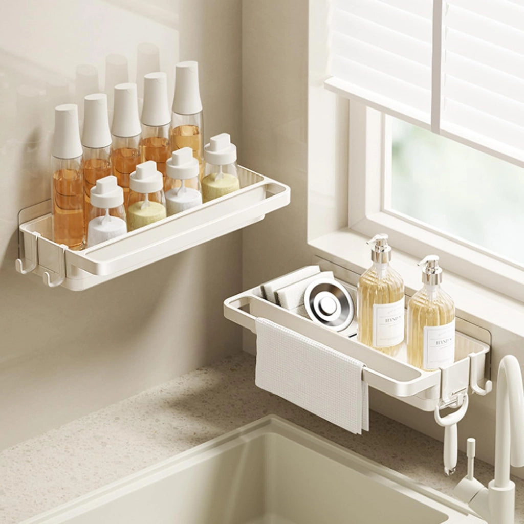 Set di 2 organizer per il lavello, adesivi, con scolapiatti e 4 ganci