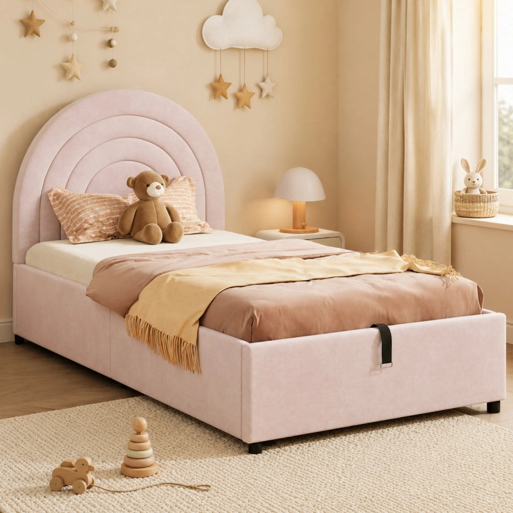 Letto 90x200 cm con contenitore idraulico in velluto rosa