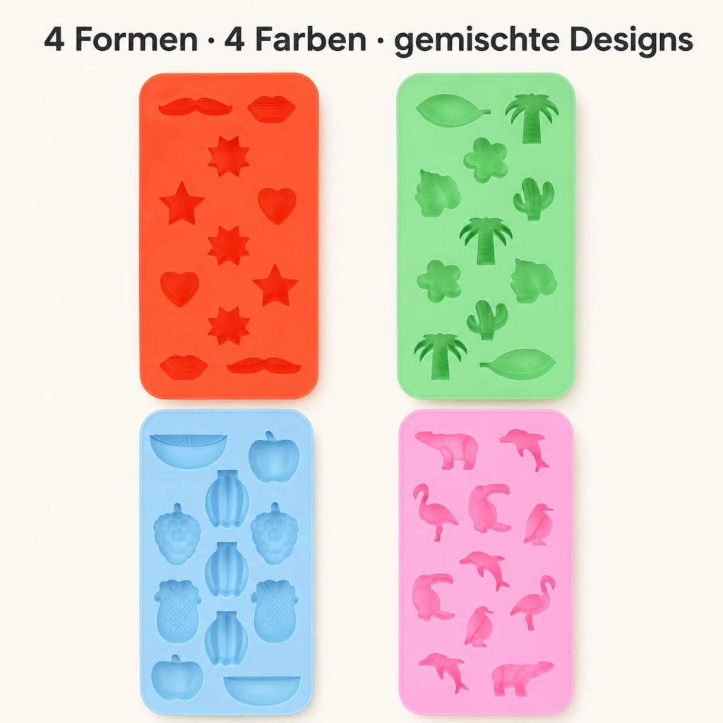 Set di stampi per cubetti di ghiaccio, in TPE, con 4 motivi diversi, colorati, dimensioni 19,8x10,9x1,5 cm