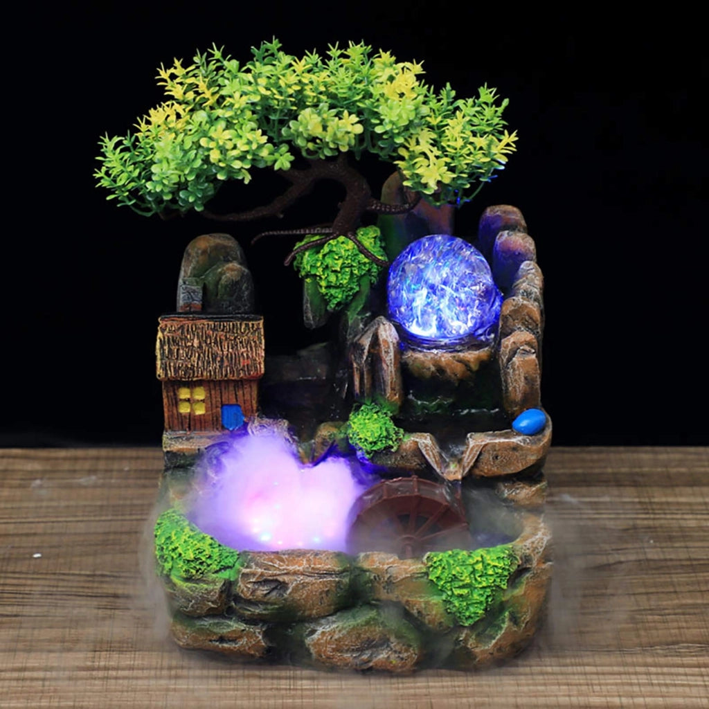 Fontana da tavolo in resina con luci LED e effetto nebbia, dimensioni 18,5x14,2x20 cm