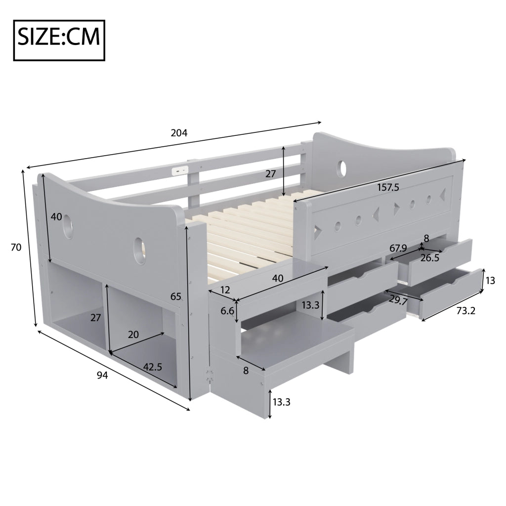 Letto per bambini singolo 90 × 200 cm in legno grigio con cassetti protezioni LED USB Type-C e gradino laterale