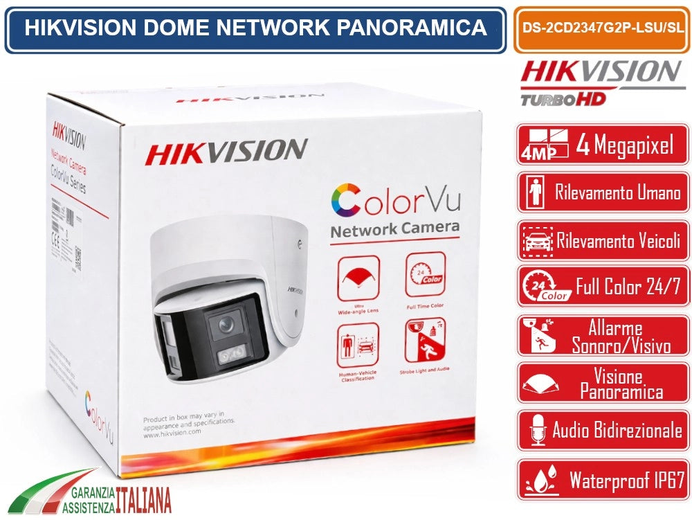 HIKVISION DS-2CD2347G2P-LSU/SL TELECAMERA IP PANORAMICA 4MP COLORVU 180° DUAL LENS CON ALLARME ATTIVO AUDIO BIDIREZIONALE WDR 130DB H.265+, IP67