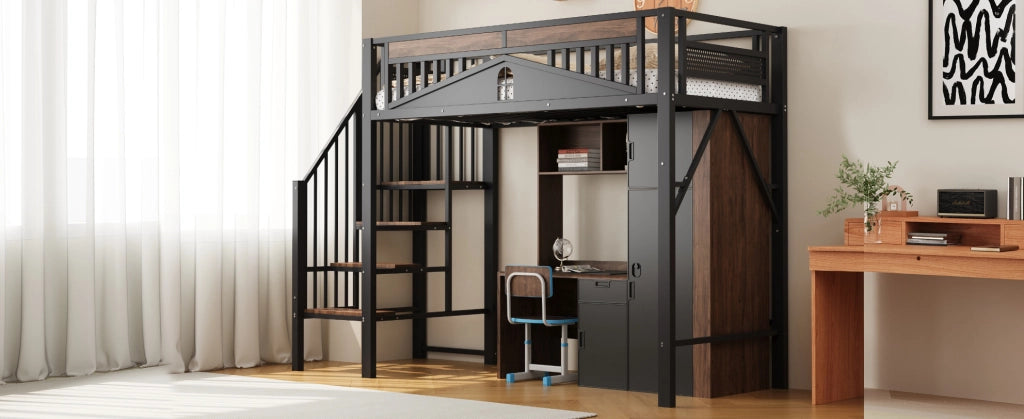 Letto a castello in metallo 90x200 cm con ringhiera di sicurezza e scaletta, nero