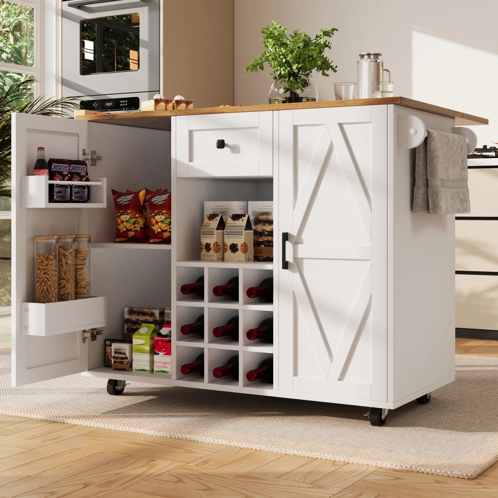 Isola da cucina con piano pieghevole ruote e armadio a due ante in MDF bianco con cassetto e ripiani regolabili