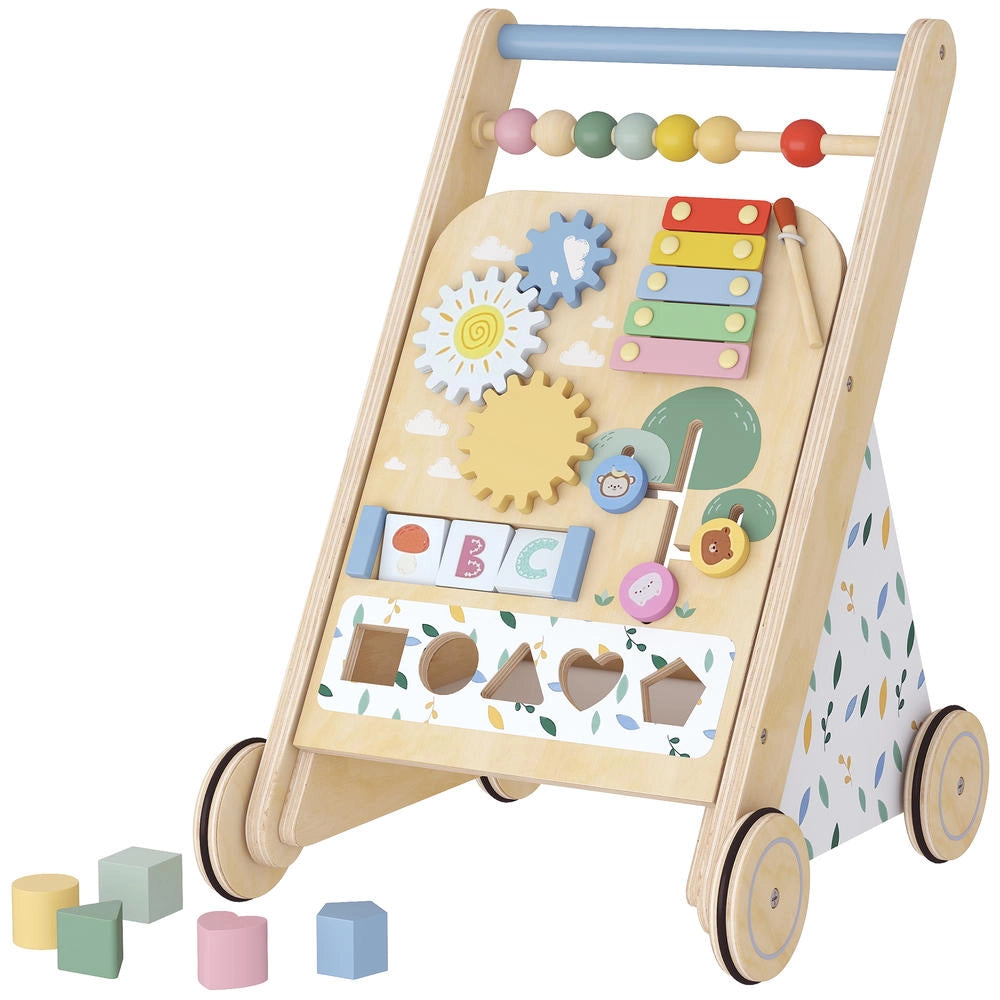 Carrello primi passi in legno naturale per bambini con centro attività e ruote regolabili, robusto e pratico