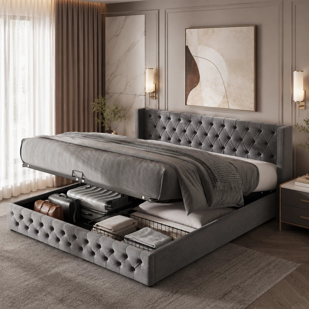 Letto matrimoniale contenitore 160x200 cm con sollevamento idraulico; velluto grigio e testiera a orecchioni