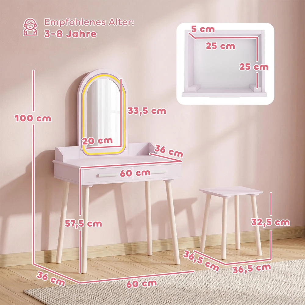 Toletta per bambini 2 in 1 con specchio LED rosa, tavolo da trucco con luci a 3 colori e cassetti, pratica per cameretta