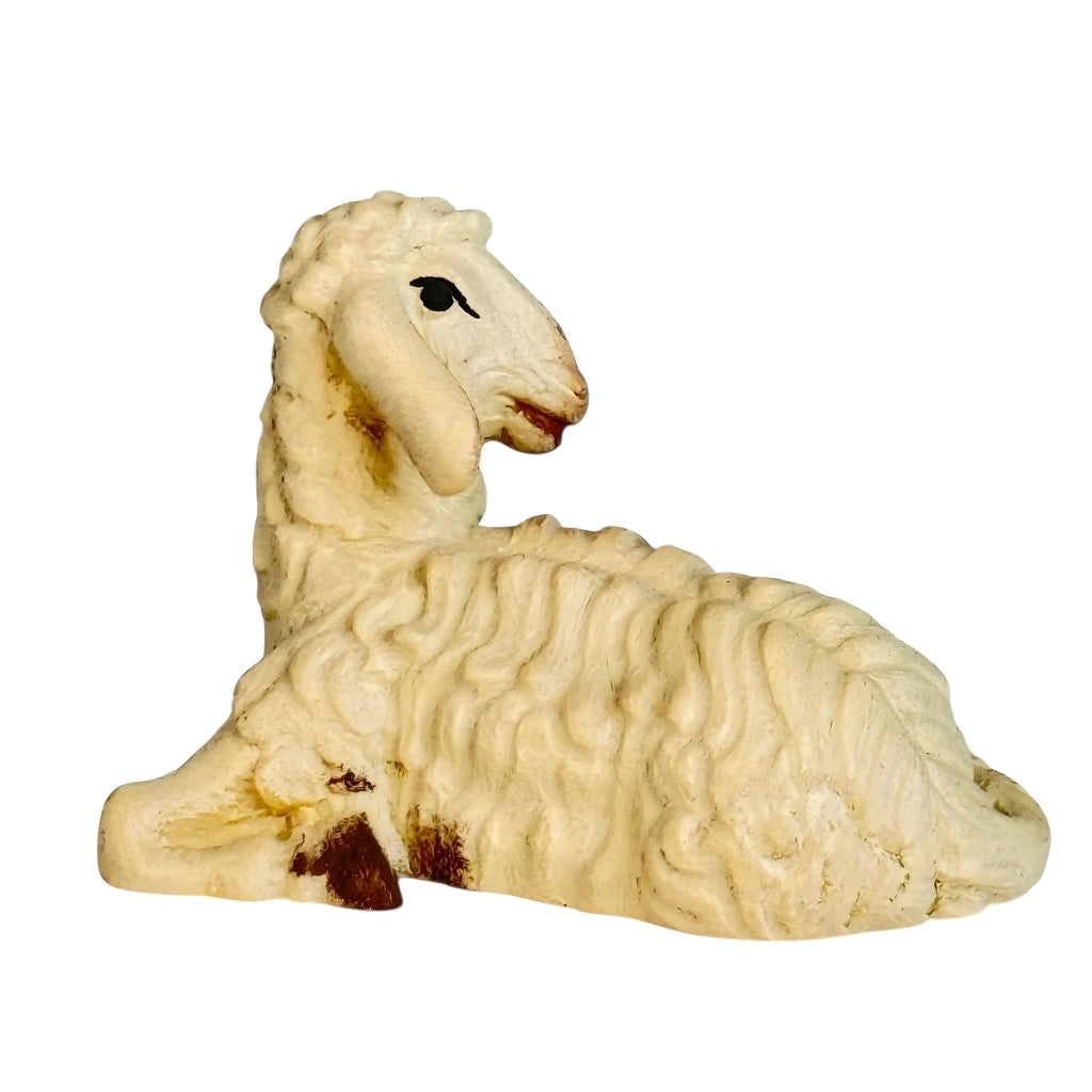 Pecora seduta, 10 cm, legno dipinto a mano, statuina per presepe