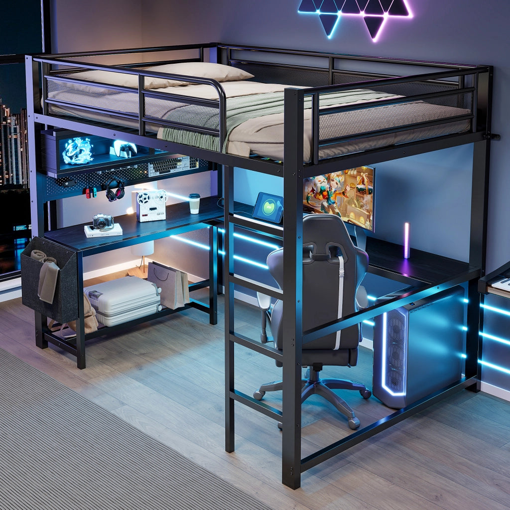 Letto a soppalco 140 × 200 cm con scrivania illuminazione led ricarica mdf e metallo nero