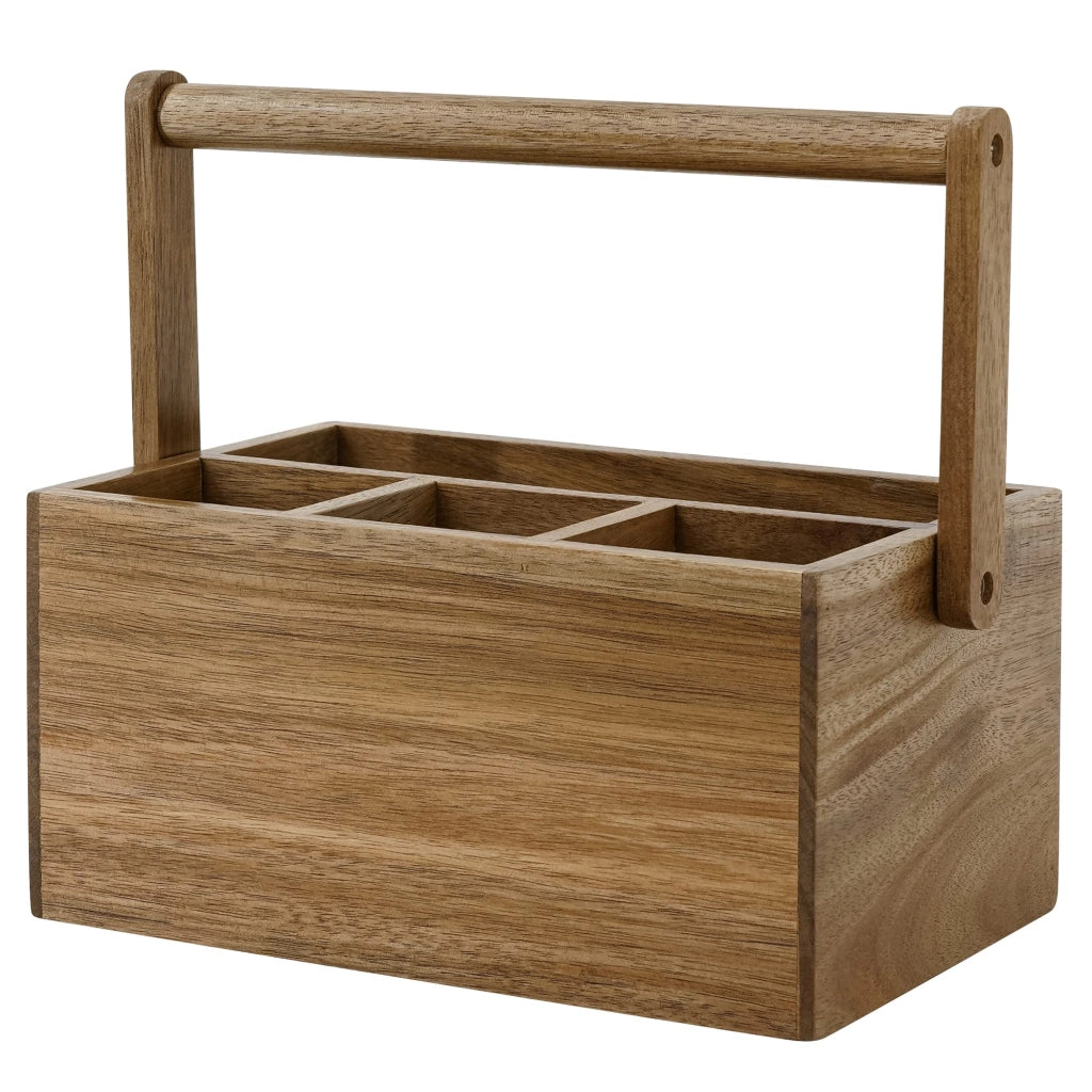 Cestino per posate in legno di acacia con maniglia, 4 scomparti, organizer