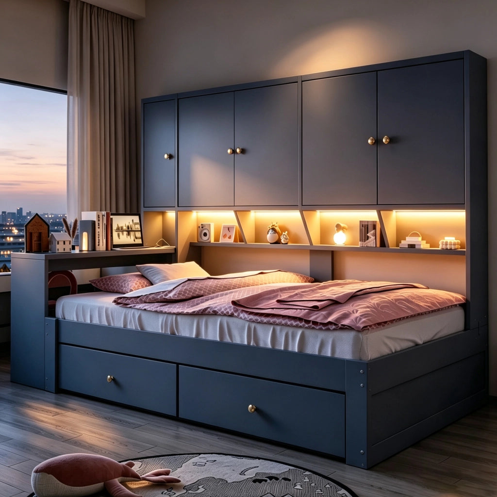 Letto singolo multifunzionale 90 × 200 cm con scrivania armadi cassetti LED prese grigio in MDF e compensato