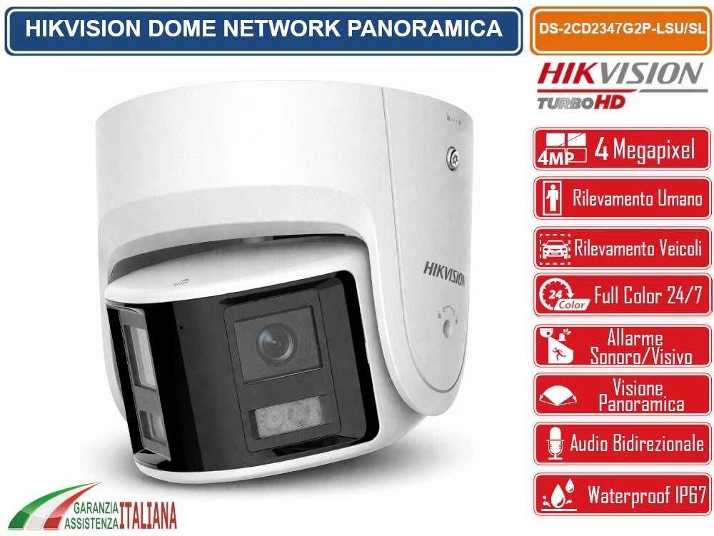 HIKVISION DS-2CD2347G2P-LSU/SL TELECAMERA IP PANORAMICA 4MP COLORVU 180° DUAL LENS CON ALLARME ATTIVO AUDIO BIDIREZIONALE WDR 130DB H.265+, IP67
