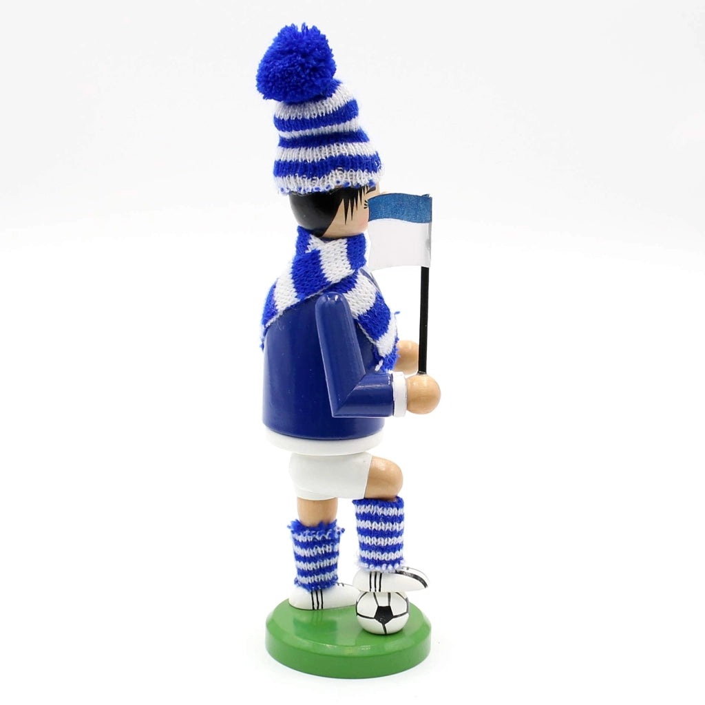 Figurina di legno a forma di calciatore, blu e bianca, altezza 20 cm