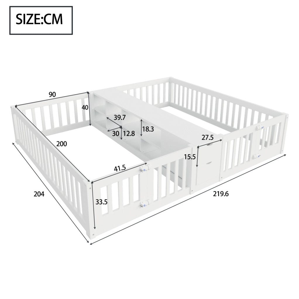 Letto doppio bambini 2x90x200 bianco con cassetti, ripiani e 2 materassi