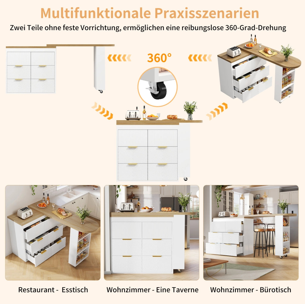 Tavolo bar IVMEU girevole a 360¡ã con 6 cassetti e vano laterale, 128-203 x 39 x 90 cm, bianco in MDF