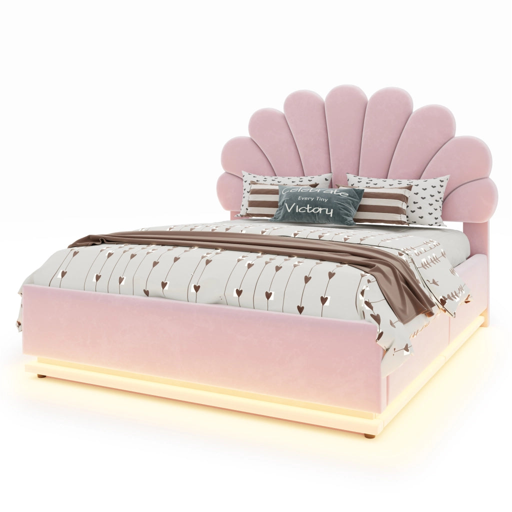 Letto contenitore 90 ¡Á 200 cm con LED e testiera a fiore rivestita in velluto beige struttura in metallo