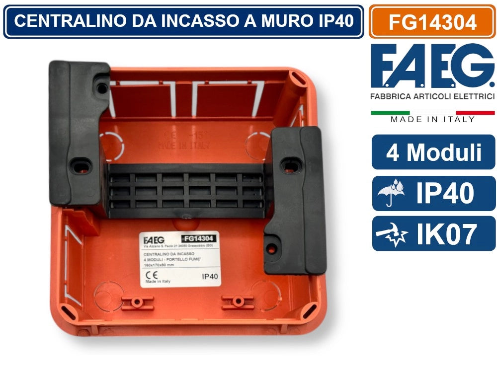 CENTRALINO DA INCASSO 4 MODULI CON CORNICE BIANCA E PORTELLO FUMÈ IP40 FAEG - FG14304