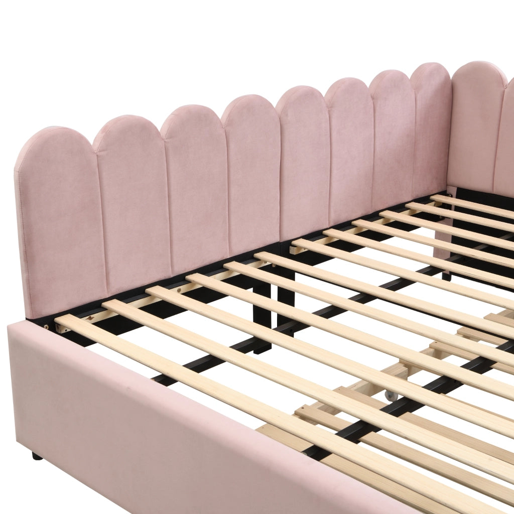 Letto estraibile imbottito a L 140 × 200 cm in velluto rosa con schienale a forma di petalo e rete a doghe