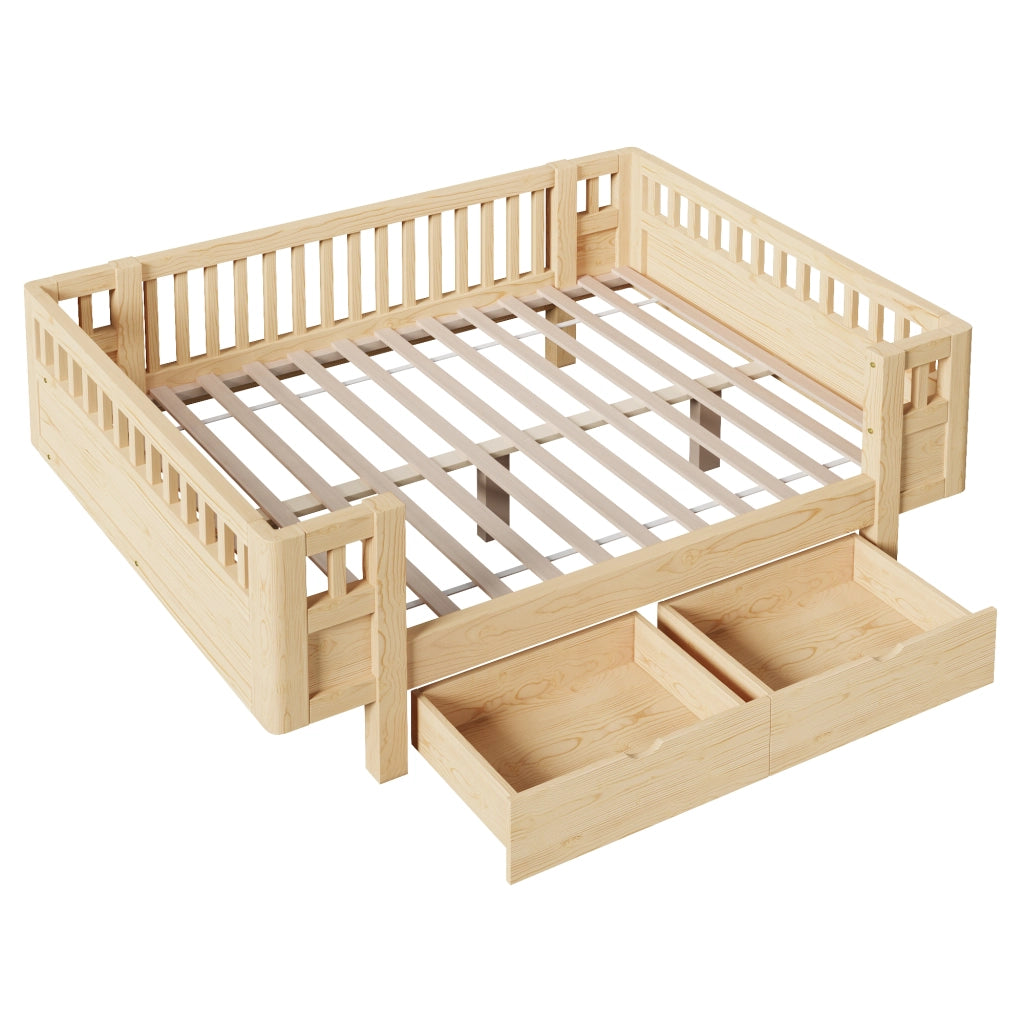 Letto per bambini 140x200 cm con sponde alte e 2 cassetti; struttura in pino e MDF; colore legno chiaro
