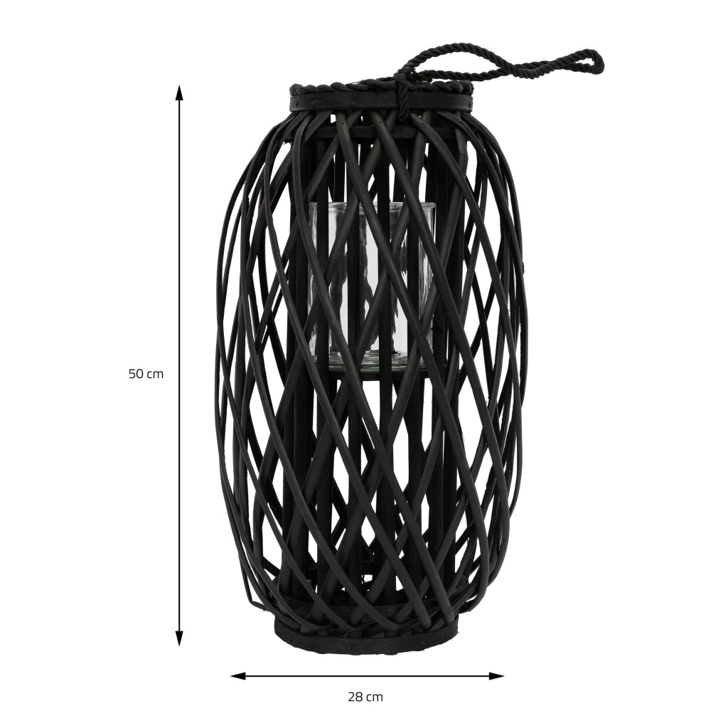 Lampada da esterno in rattan intrecciato, altezza 50 cm, nera, con manico