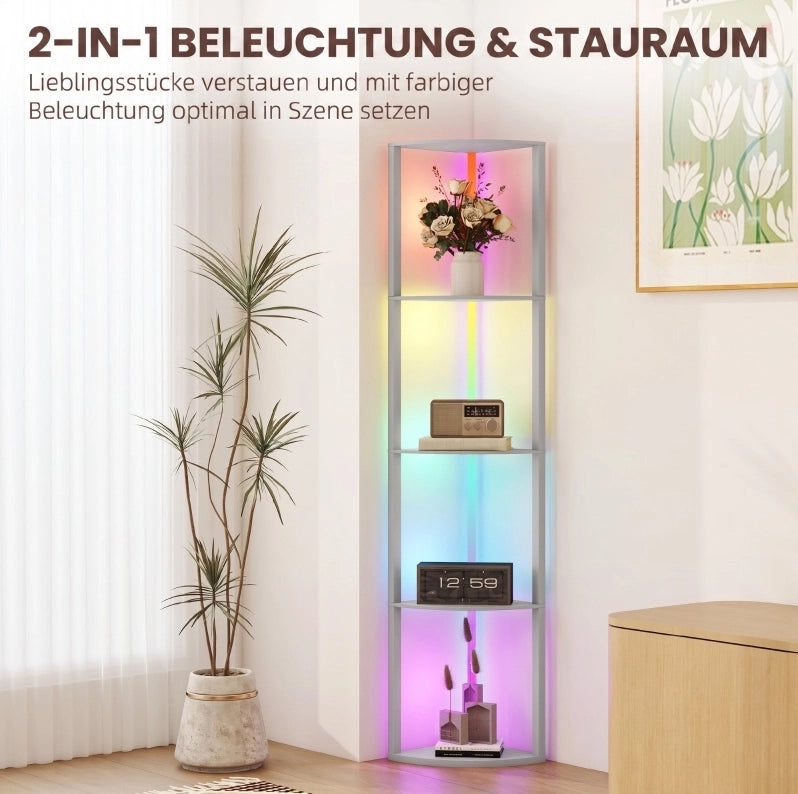 Lampada da terra angolare LED RGB con telecomando e scaffale a 5 ripiani, grigio
