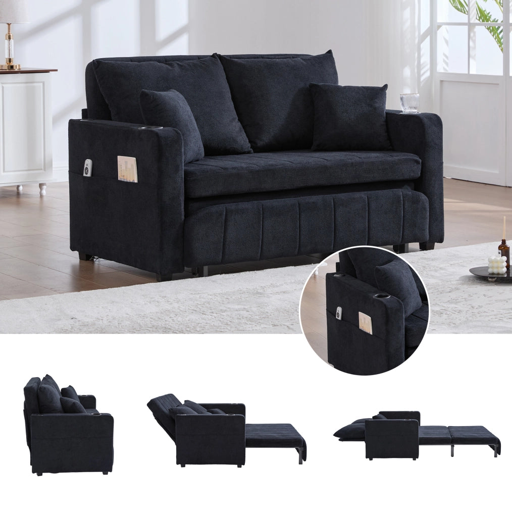 Divano letto ULEVR in ciniglia nera 139x83x58 cm trasformabile, con tasche laterali e 4 cuscini