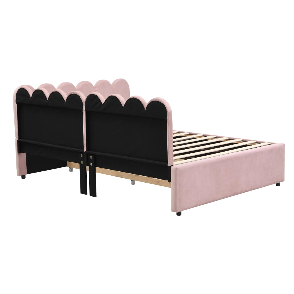 Letto estraibile imbottito a L 140 × 200 cm in velluto rosa con schienale a forma di petalo e rete a doghe